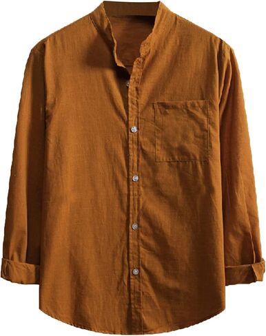 Men's Casual Cotton Linen Shirts Long Sleeve Color Block Button Down Shirt Striped Relaxed-Fit Vintage Beach Tops in Kuwait