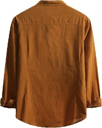 Men's Casual Cotton Linen Shirts Long Sleeve Color Block Button Down Shirt Striped Relaxed-Fit Vintage Beach Tops in Kuwait