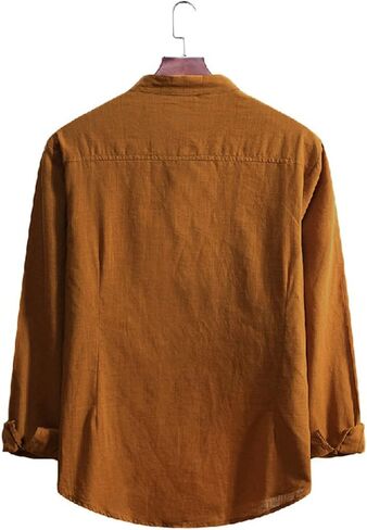 Men's Casual Cotton Linen Shirts Long Sleeve Color Block Button Down Shirt Striped Relaxed-Fit Vintage Beach Tops in Kuwait