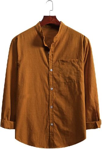 Men's Casual Cotton Linen Shirts Long Sleeve Color Block Button Down Shirt Striped Relaxed-Fit Vintage Beach Tops in Kuwait