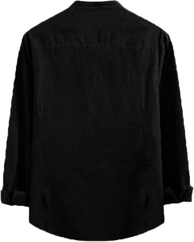 Men's Casual Cotton Linen Shirts Long Sleeve Color Block Button Down Shirt Striped Relaxed-Fit Vintage Beach Tops in Kuwait