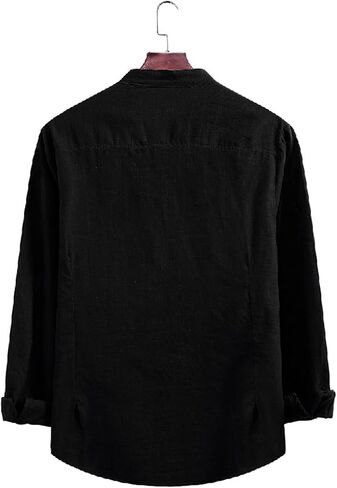 Men's Casual Cotton Linen Shirts Long Sleeve Color Block Button Down Shirt Striped Relaxed-Fit Vintage Beach Tops in Kuwait