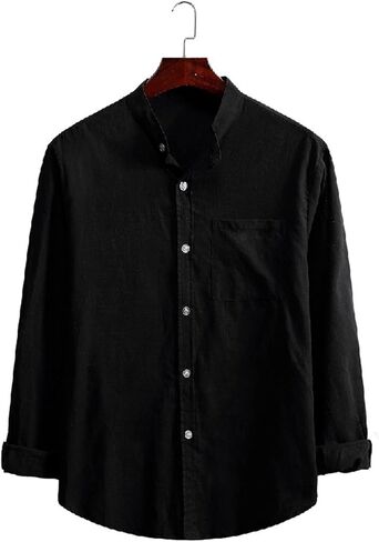 Men's Casual Cotton Linen Shirts Long Sleeve Color Block Button Down Shirt Striped Relaxed-Fit Vintage Beach Tops in Kuwait