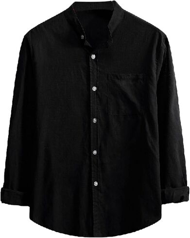 Men's Casual Cotton Linen Shirts Long Sleeve Color Block Button Down Shirt Striped Relaxed-Fit Vintage Beach Tops in Kuwait