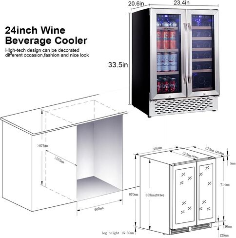 Macaiiroos Wine and Beverage Refrigerator, 24 inch Under Counter Dual Zone Wine Cooler for Home - Built in Wine Fridge w/ 20 Bottles and 78 Cans Capacity in Saudi Arabia