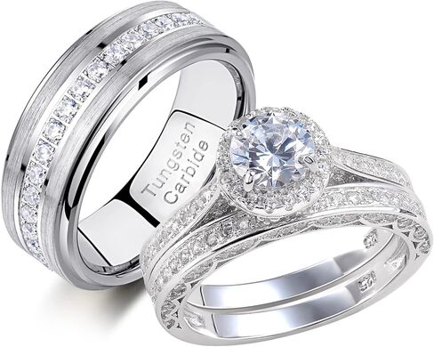 Newshe Wedding Rings Set for Him and Her Women Mens Tungsten Bands Round Cz 3Ct Sterling Silver Size 5-13 in Kuwait
