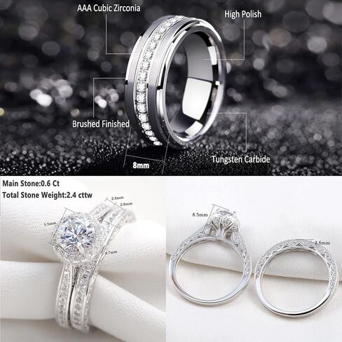 Newshe Wedding Rings Set for Him and Her Women Mens Tungsten Bands Round Cz 3Ct Sterling Silver Size 5-13 in Kuwait