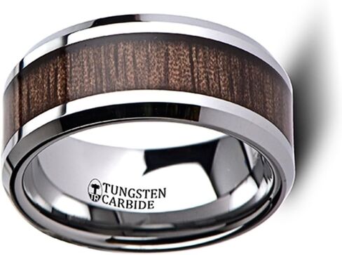 HALIFAX Beveled with Black Walnut Wood Inlay Tungsten Carbide Ring 10mm Wide Wedding Band in Kuwait