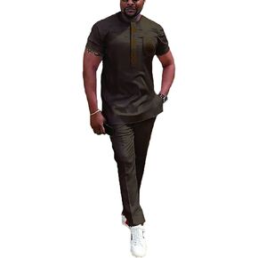 HD African Dashiki Outfit Embroidery Shirt and Pants Short Sleeves Parent-Child Clothes Set for Men in Saudi Arabia