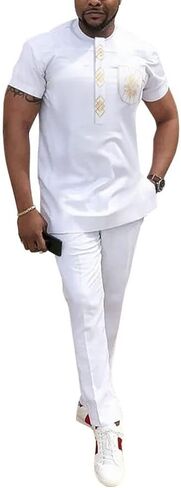 HD African Dashiki Outfit Embroidery Shirt and Pants Short Sleeves Parent-Child Clothes Set for Men in Saudi Arabia