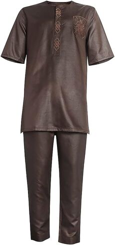 HD African Dashiki Outfit Embroidery Shirt and Pants Short Sleeves Parent-Child Clothes Set for Men in Saudi Arabia