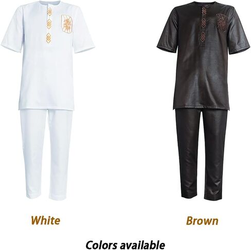 HD African Dashiki Outfit Embroidery Shirt and Pants Short Sleeves Parent-Child Clothes Set for Men in Saudi Arabia