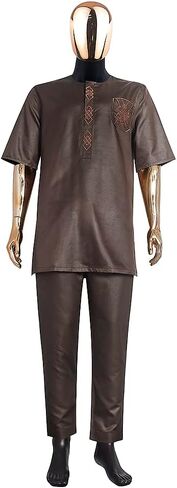 HD African Dashiki Outfit Embroidery Shirt and Pants Short Sleeves Parent-Child Clothes Set for Men in Saudi Arabia