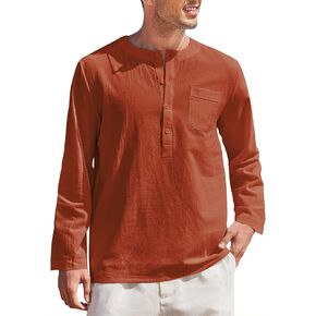 قميص رجالي من الكتان Henley من COOFANDY بأكمام طويلة وفضفاضة مناسبة للشاطئ قمصان صيفية من الطوب in Kuwait