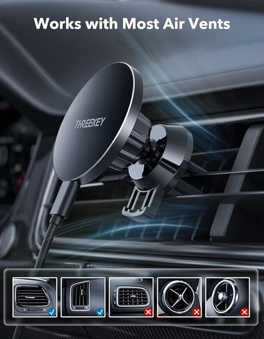 Compatible with Magsafe Car Mount Charger,THREEKEY Magnetic Wireless Car Charger Mount Vent Hook Phone Holder for iPhone 14/13/12 Series Phone & MagSafe Case(with QC3.0 Adapter) in Kuwait