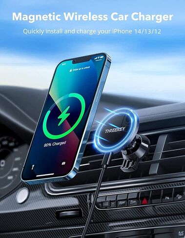 Compatible with Magsafe Car Mount Charger,THREEKEY Magnetic Wireless Car Charger Mount Vent Hook Phone Holder for iPhone 14/13/12 Series Phone & MagSafe Case(with QC3.0 Adapter) in Kuwait