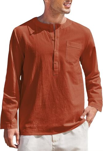 COOFANDY Men's Linen Henley Shirt Long Sleeve Loose Fitting Beach Shirts Summer Brick in Saudi Arabia