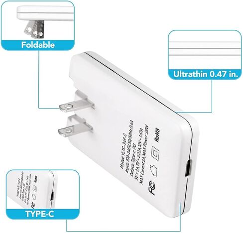 شاحن حائط USB C عالي الجودة | قابس سريع فائق النحافة | شاحن USB مسطح مزدوج المنفذ 18 وات لأجهزة USB A وUSB C، iPhone 11/11 Pro /11 Pro Max/XR/XS/Max، LG، Galaxy S21/S20 Pixel، Air Pods|(أبيض) in Kuwait