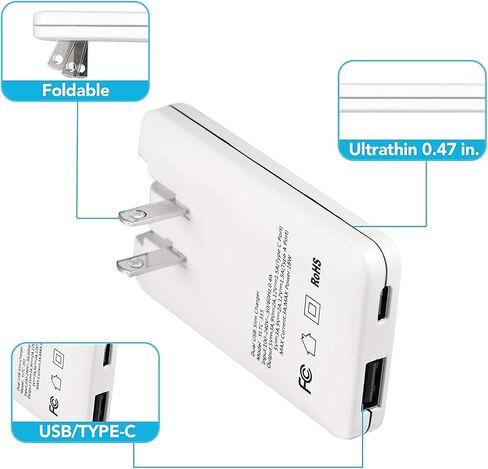 شاحن حائط USB C عالي الجودة | قابس سريع فائق النحافة | شاحن USB مسطح مزدوج المنفذ 18 وات لأجهزة USB A وUSB C، iPhone 11/11 Pro /11 Pro Max/XR/XS/Max، LG، Galaxy S21/S20 Pixel، Air Pods|(أبيض) in Kuwait