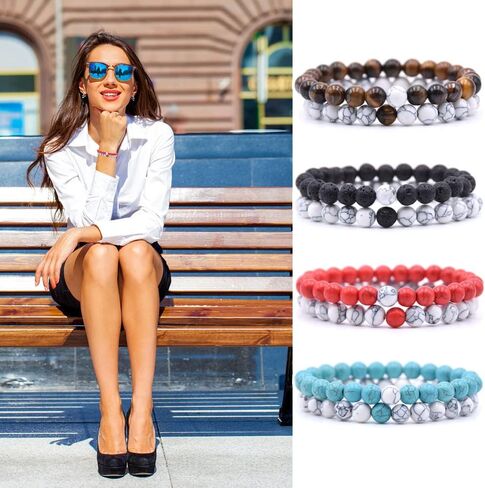 HYHONEY 4 Set Matching Bracelets Couples Bracelets Friendship Bracelets Beaded Bracelets His And Hers 8mm Natural Stone Matching Bracelets For Couples Elastic Stretch Bracelets For Women Men in Saudi Arabia