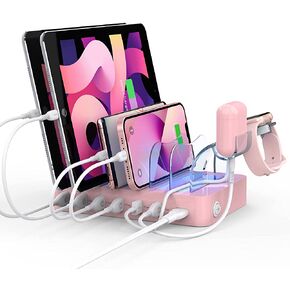 SooPii Premium 6-Port USB Charging Station Organizer for Multiple Devices, 6 Short Charging Cables and One Upgraded i-Watch Charger Holder Included, for Phones,Tablets and Other Electronics, Pink
