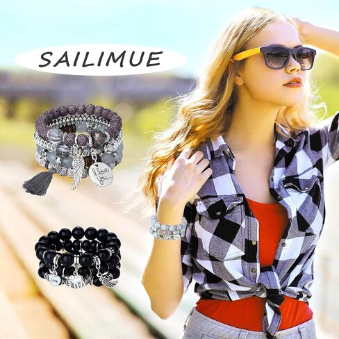 SAILIMUE 6 مجموعات البوهيمي تكويم الخرزة أساور للنساء الرجال تمتد متعدد الطبقات أساور سوار مجموعة بوهو متعدد الألوان مجوهرات in Kuwait