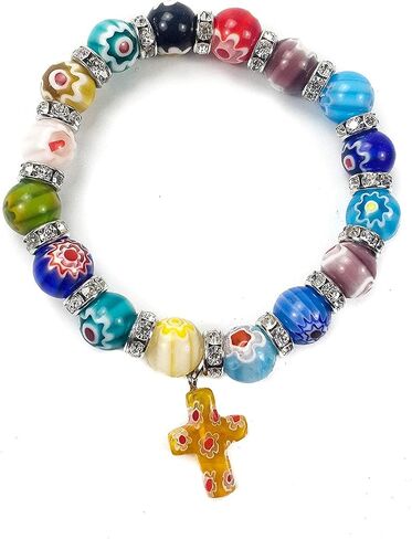 Nazareth Store Agate Colorful Flowers Beads Cross Bracelet Catholic Rosary Bangle Jerusalem Religious Christian Gifts for Boys Girls Jewelry for Women & Men in Saudi Arabia