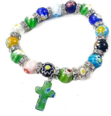 Nazareth Store Agate Colorful Flowers Beads Cross Bracelet Catholic Rosary Bangle Jerusalem Religious Christian Gifts for Boys Girls Jewelry for Women & Men in Saudi Arabia