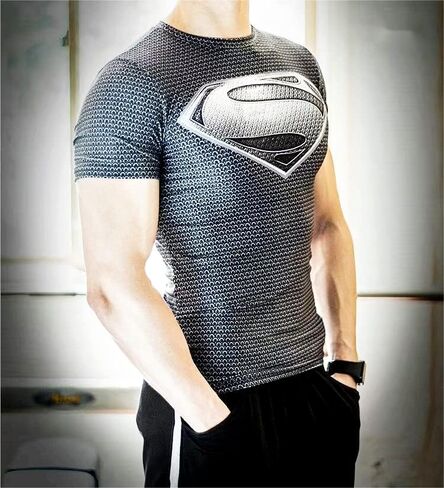 قميص ضغط للرجال، قمصان رياضية للياقة البدنية بأكمام قصيرة مطبوعة ثلاثية الأبعاد للأبطال الخارقين، قميص رياضي للتمرين للرجال in Kuwait