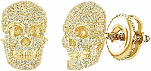 AryanJewels Round Cut White Diamond 14K Yellow Gold Finish 925 Sterling Silver Halloween Special Diamond Skull Head Stud Earrings for Him & Her in Saudi Arabia