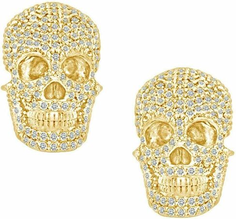 AryanJewels Round Cut White Diamond 14K Yellow Gold Finish 925 Sterling Silver Halloween Special Diamond Skull Head Stud Earrings for Him & Her in Saudi Arabia