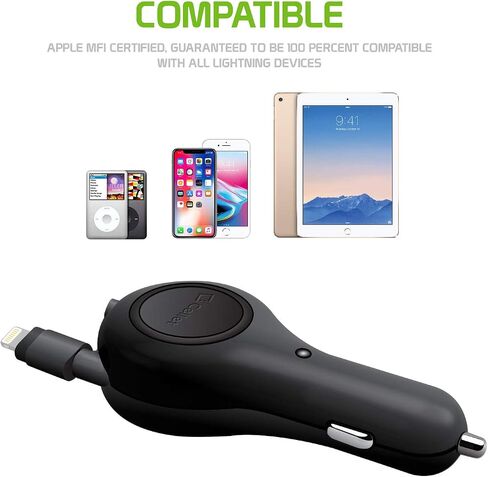 Cellet Retractable Car Charger with Lightning Cable Compatible with Apple iPhone 14 13 12 SE 11 Xr Xs X iPad Pro Air Mini iPod Touch Nano (Apple MFI Certified) 3-Feet in Kuwait