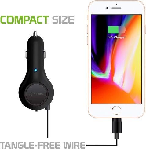 Cellet Retractable Car Charger with Lightning Cable Compatible with Apple iPhone 14 13 12 SE 11 Xr Xs X iPad Pro Air Mini iPod Touch Nano (Apple MFI Certified) 3-Feet in Kuwait