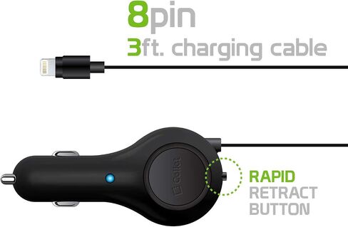 Cellet Retractable Car Charger with Lightning Cable Compatible with Apple iPhone 14 13 12 SE 11 Xr Xs X iPad Pro Air Mini iPod Touch Nano (Apple MFI Certified) 3-Feet in Kuwait
