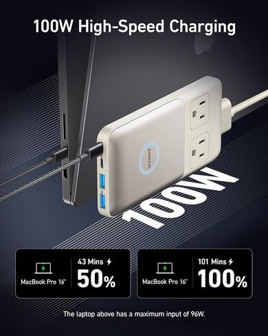 Anker 727 Charging Station (GaNPrime 100W), Compact Power Strip for Travel, Work, 5 ft Detachable Extension Cord with 2 Outlets and 4 USB Ports, for iPhone 14, Samsung, iPad, MacBook (Not a Battery) in Kuwait