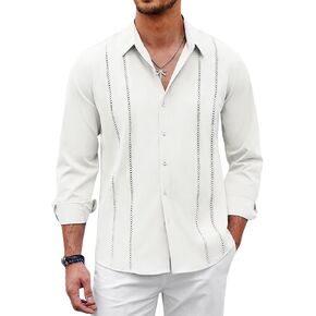 قميص COOFANDY رجالي كوبي Guayabera كاجوال بأزرار سفلية وأكمام طويلة وقمصان من الكتان للشاطئ in Kuwait