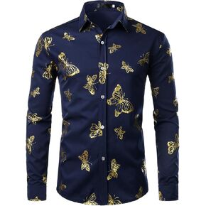 ZEROYAA Men's Hipster Rose Floral Printed Slim Fit Long Sleeve Button Up Party Dress Shirts