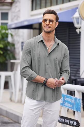 COOFANDY Mens Cuban Guayabera Shirt Casual Button Down Shirts Long Sleeve Beach Linen Shirts in Saudi Arabia