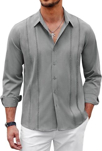 COOFANDY Mens Cuban Guayabera Shirt Casual Button Down Shirts Long Sleeve Beach Linen Shirts in Saudi Arabia