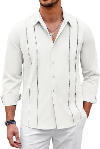 قميص COOFANDY رجالي كوبي Guayabera كاجوال بأزرار سفلية وأكمام طويلة وقمصان من الكتان للشاطئ in Kuwait