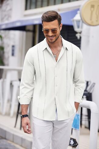 قميص COOFANDY رجالي كوبي Guayabera كاجوال بأزرار سفلية وأكمام طويلة وقمصان من الكتان للشاطئ in Kuwait