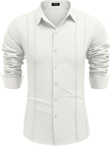 قميص COOFANDY رجالي كوبي Guayabera كاجوال بأزرار سفلية وأكمام طويلة وقمصان من الكتان للشاطئ in Kuwait