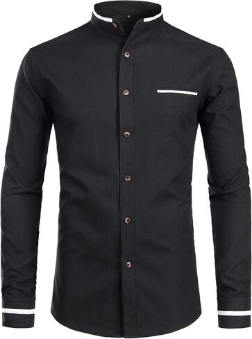 ZEROYAA Mens Hipster Mandarin Collar Slim Fit Long Sleeve Casual Button Down Oxford Dress Shirt with Pocket in Kuwait