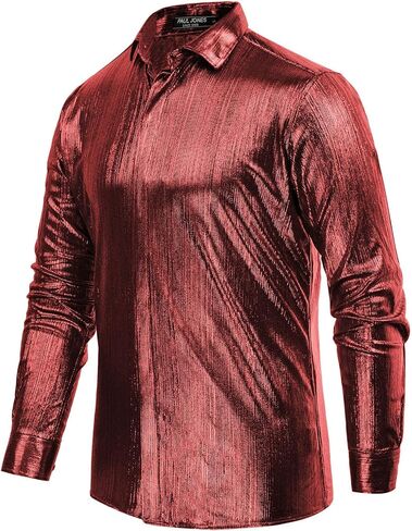 PJ PAUL JONES Mens Metallic Dress Shirts Long Sleeve Button Down 70s Disco Shirt Party Costume in Kuwait