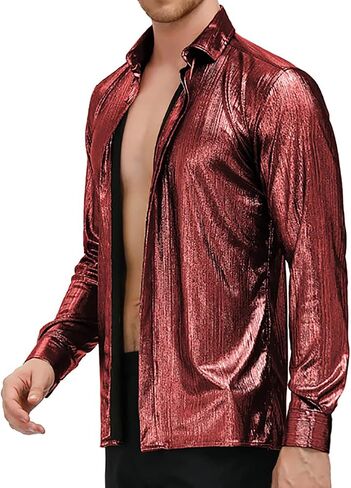 PJ PAUL JONES Mens Metallic Dress Shirts Long Sleeve Button Down 70s Disco Shirt Party Costume in Kuwait