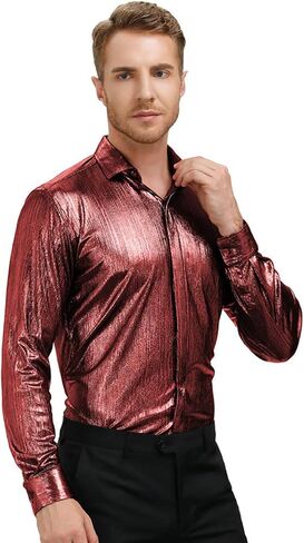 PJ PAUL JONES Mens Metallic Dress Shirts Long Sleeve Button Down 70s Disco Shirt Party Costume in Kuwait