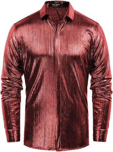 PJ PAUL JONES Mens Metallic Dress Shirts Long Sleeve Button Down 70s Disco Shirt Party Costume in Kuwait