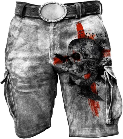 TACSTRUN Relaxed Fit Cargo Shorts for Men Casual Outdoor Multi-Pocket Skull Print Shorts Twill Lightweight Short Pants in Kuwait