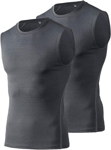 TOPTIE 2 Pack Mens Sport Compression Base Layer, Athletic Sleeveless T-Shirt in Kuwait