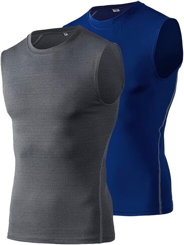 TOPTIE 2 Pack Mens Sport Compression Base Layer, Athletic Sleeveless T-Shirt in Kuwait